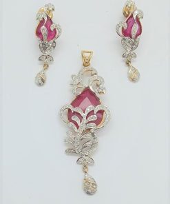 Alternative view of 14K Yellow Gold Flower Petals Pink Stone Diamond Pendant Set