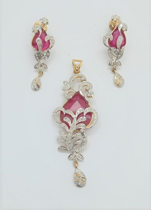 14K Yellow Gold Flower Petals Pink Stone Diamond Pendant Set - Image 2