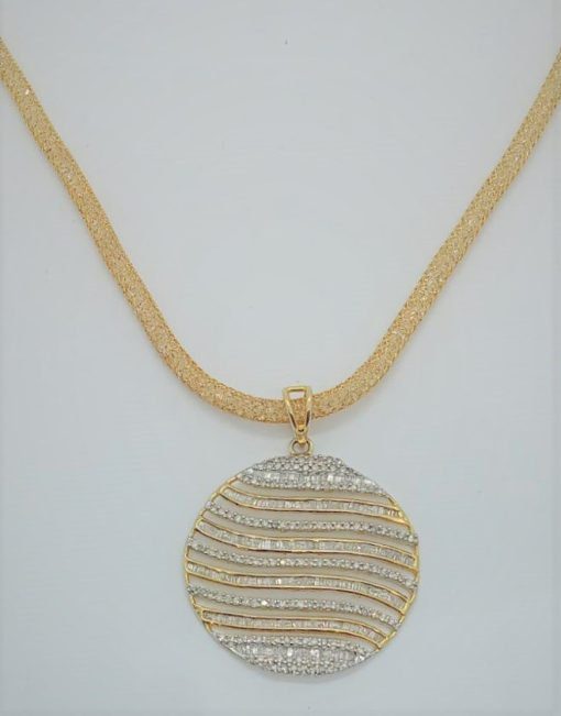 14K Yellow Gold Natural Round & Baguette Diamond Pendant Set