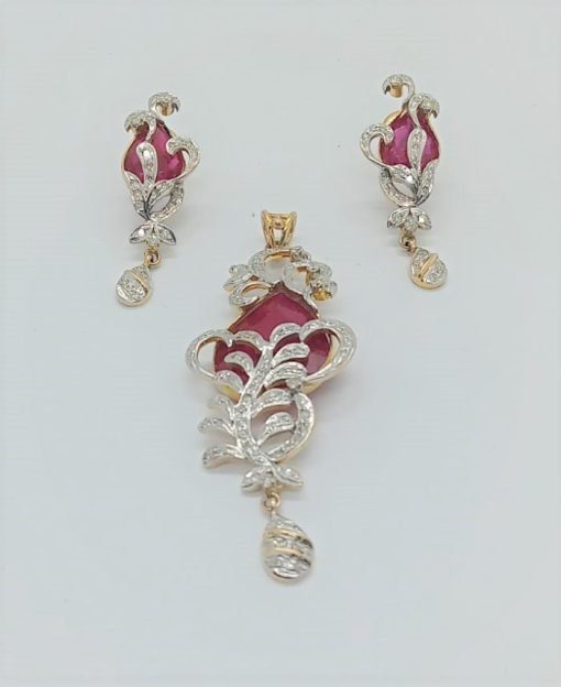 14K Yellow Gold Flower Petals Pink Stone Diamond Pendant Set - Image 5