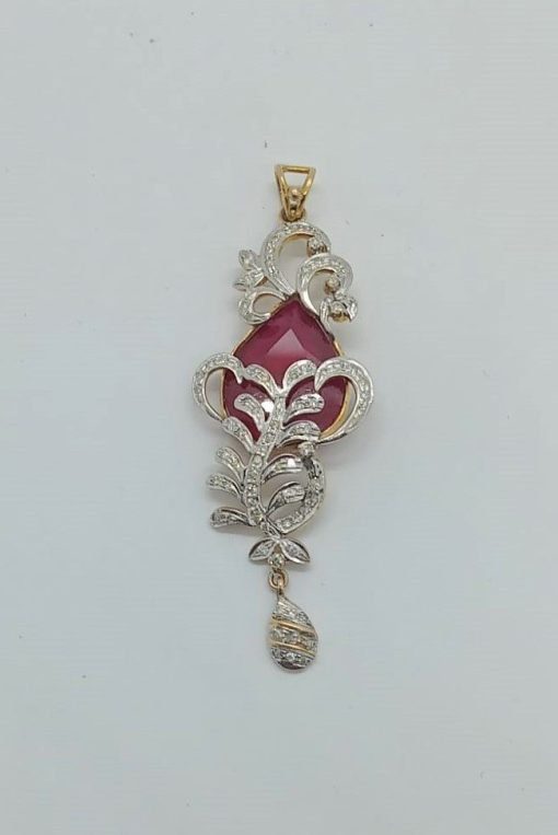 14K Yellow Gold Flower Petals Pink Stone Diamond Pendant Set - Image 3