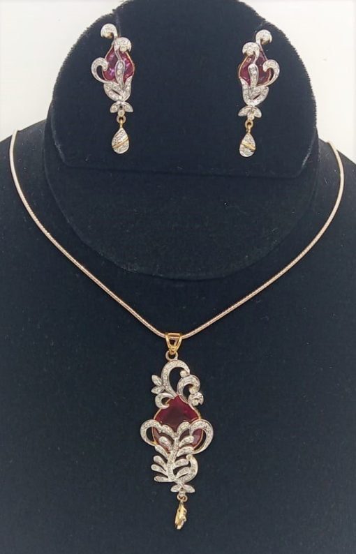 14K Yellow Gold Flower Petals Pink Stone Diamond Pendant Set