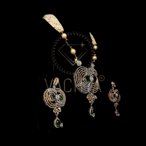 Tulasi Green Stone Diamond Pendant set - Image 3